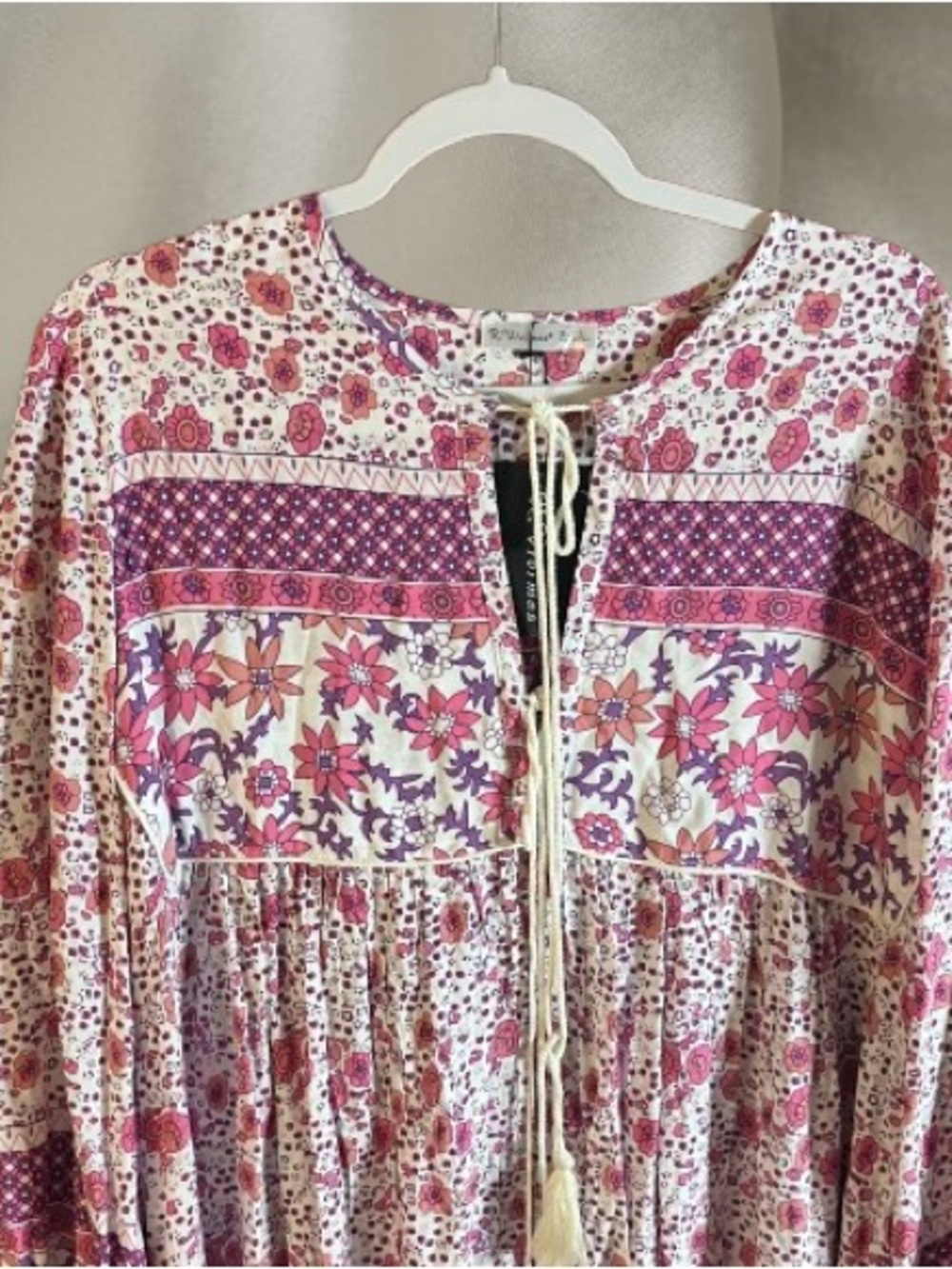 Pink Floral Tie-Front Midi Dress with Tassels - Picture 6 of 7
